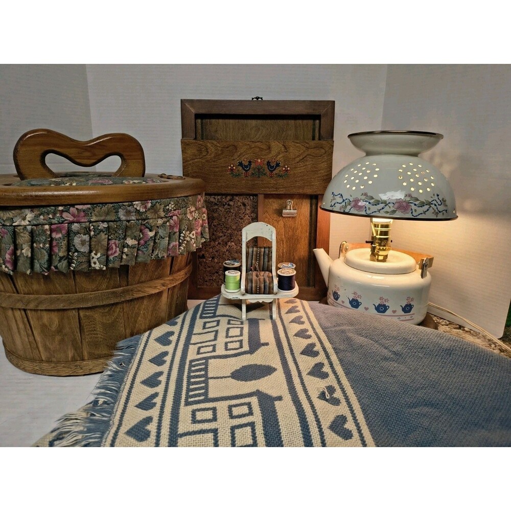 Vintage Cottage Core Decor Handmade Lamp Blanket, Basket Pin Cushion Mail Holder